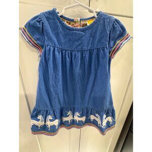 Mini Boden Girls Embroidered Unicorn Corduroy Dress 4-5Y Blue Rainbow Trim